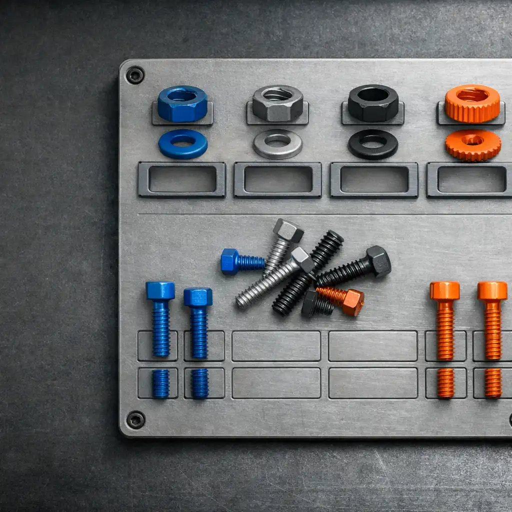 Gameplay-Detail von Screw Snap mit farblich sortierten Schrauben und passenden mechanischen Elementen