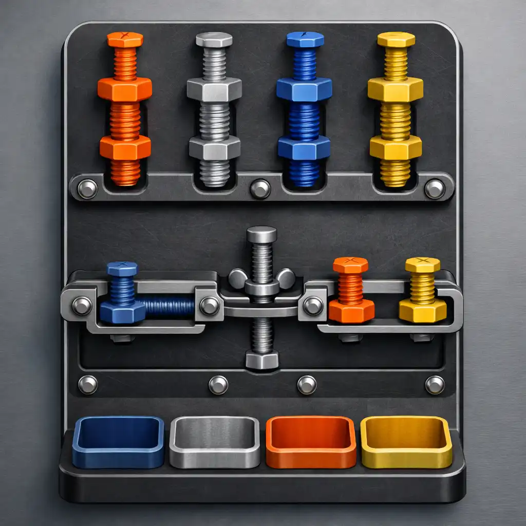 Gameplay von Screw Snap: Nuts & Bolts Jam mit farblich sortierten Schrauben und mechanischen Puzzle-Elementen