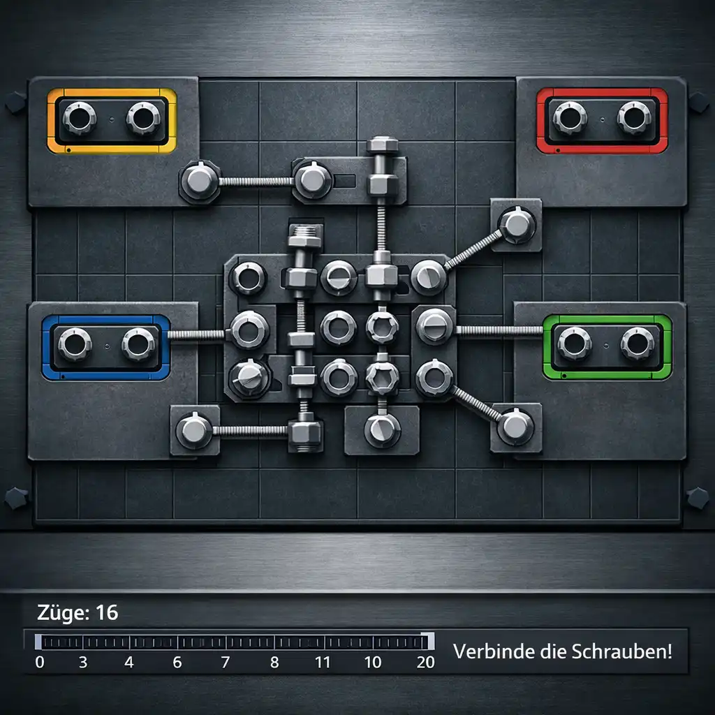 Breite Levelansicht mit mehreren farbigen Puzzlebereichen und Schraubenclustern