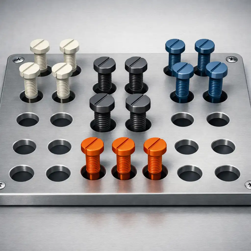 Gameplay von Screw Snap: Nuts & Bolts Jam mit farblich sortierten Schrauben, Bolzen und freien Positionen auf einer Metallplatte