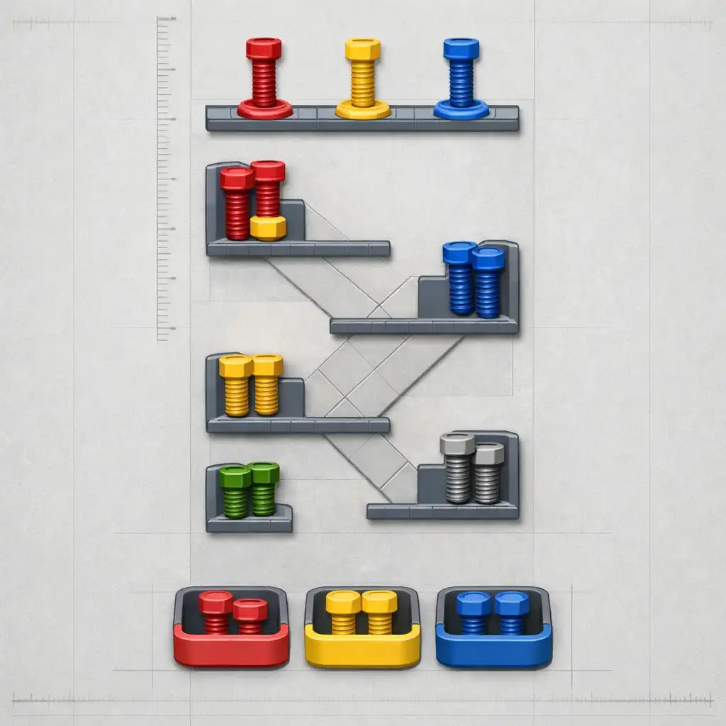 Gameplay von Screw Snap: Nuts & Bolts Jam mit farbigen Schrauben und freien Zielpositionen
