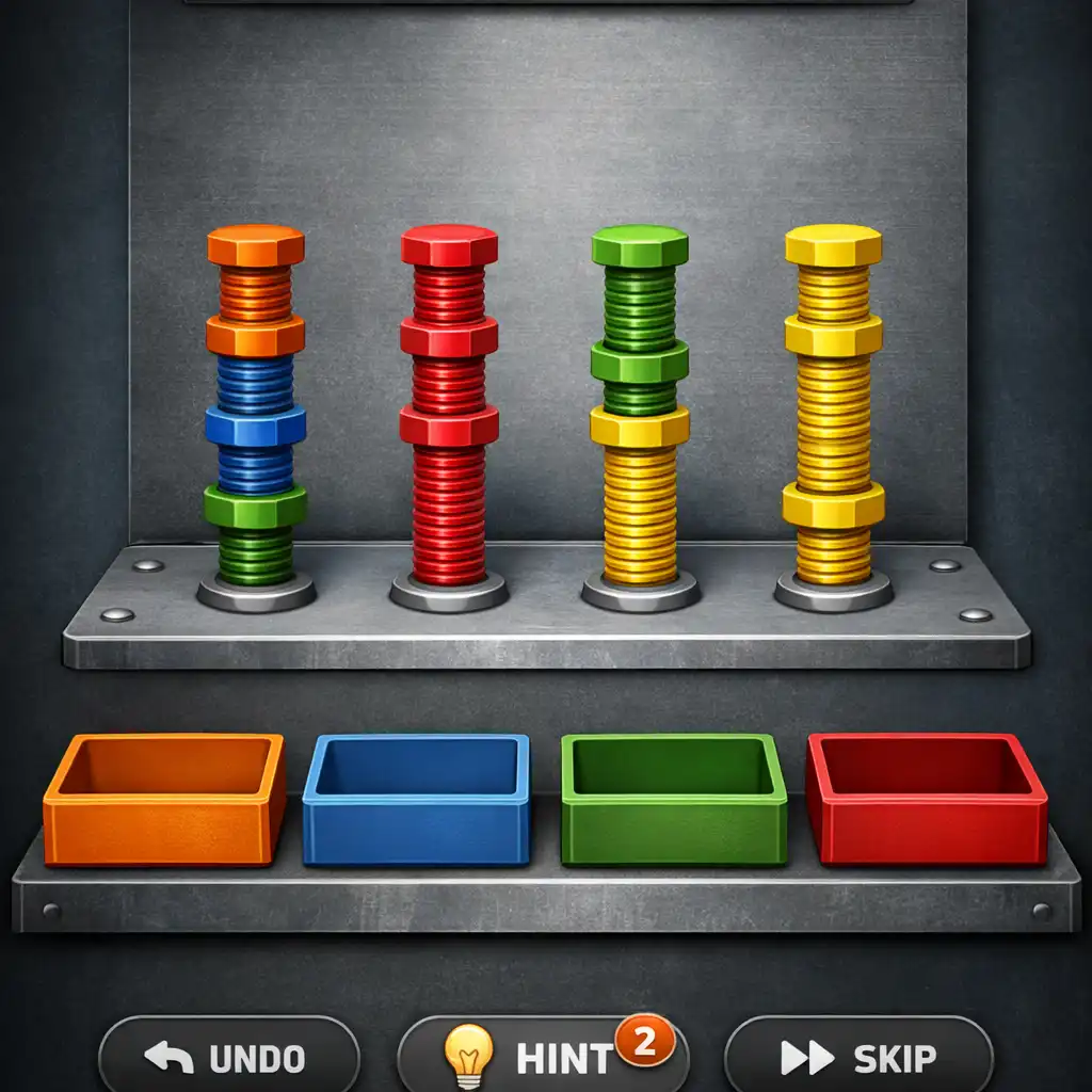 Gameplay von Screw Snap mit farblich sortierten Schrauben und Zielboxen