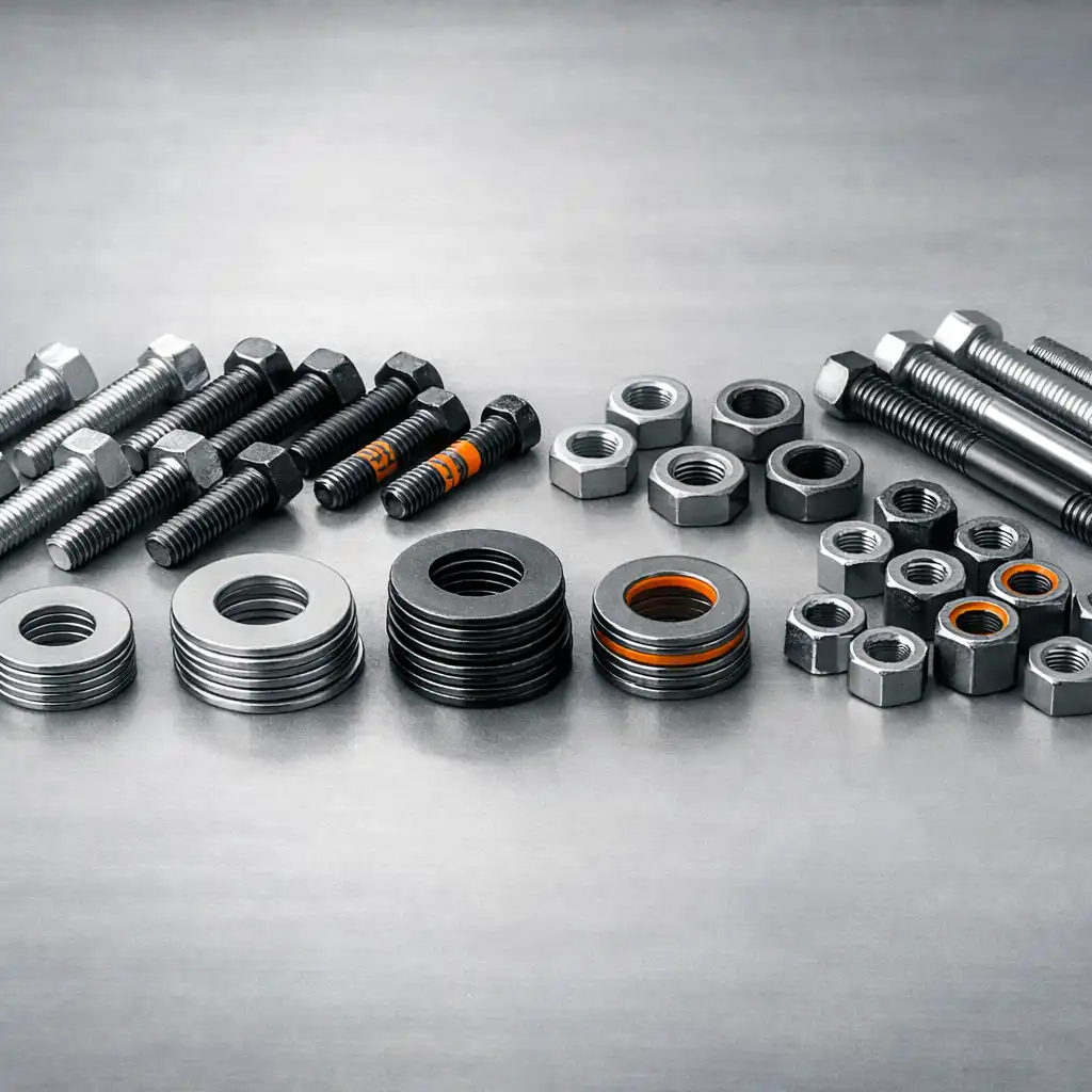 Sauber sortierte Metallschrauben, Muttern und Unterlegscheiben auf einer hellgrauen technischen Arbeitsfläche