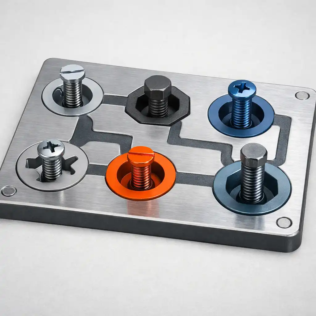 Mechanikansicht eines Schrauben-Puzzles mit Metallteilen und farblich passenden Positionen