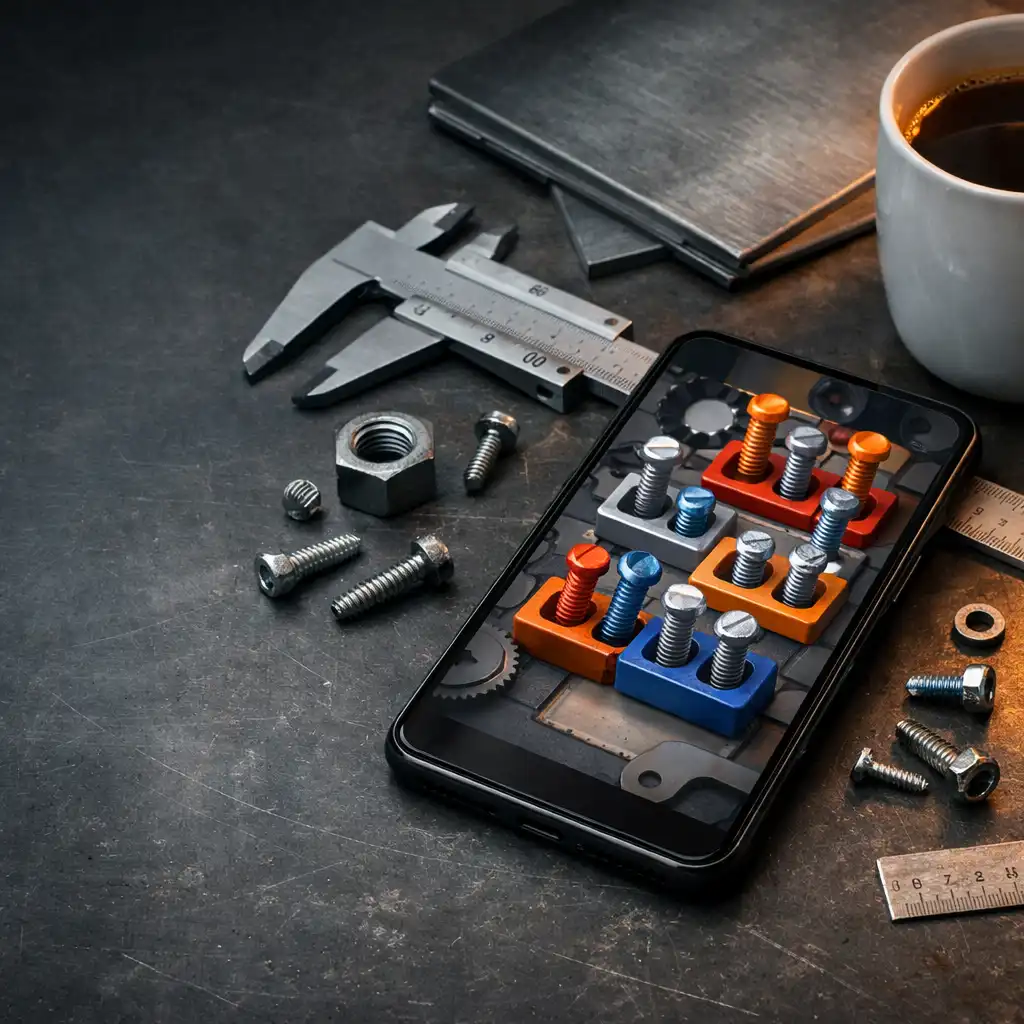 Smartphone mit einer nicht lesbaren Puzzleansicht auf industriellem Metalltisch neben Schrauben, Messwerkzeugen und Kaffee