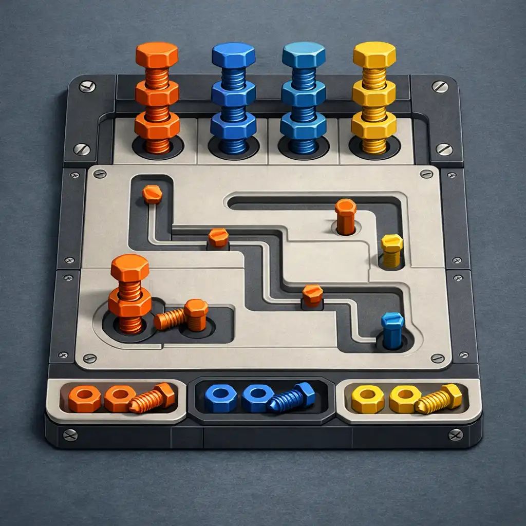 Gameplay von Screw Snap: Nuts & Bolts Jam mit farblich sortierten Schrauben und mechanischen Puzzleflächen