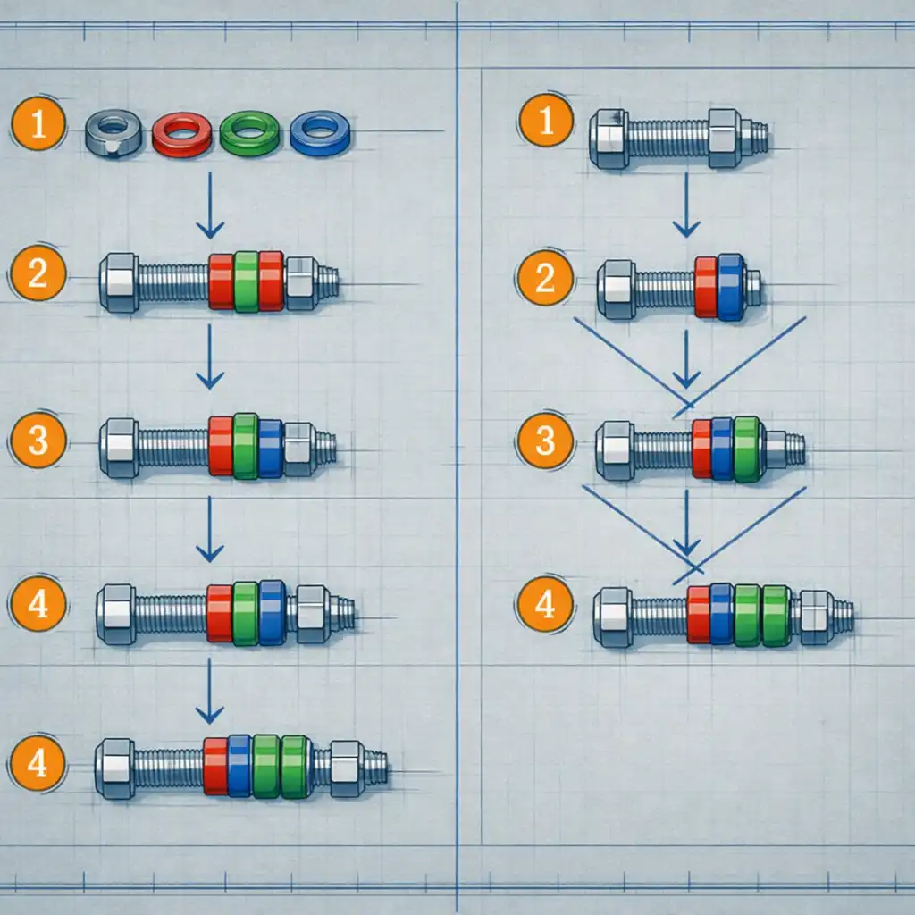 Redaktionelles Blueprint-Diagramm mit abstrakter guter und problematischer Schraubenpuzzle-Sequenz